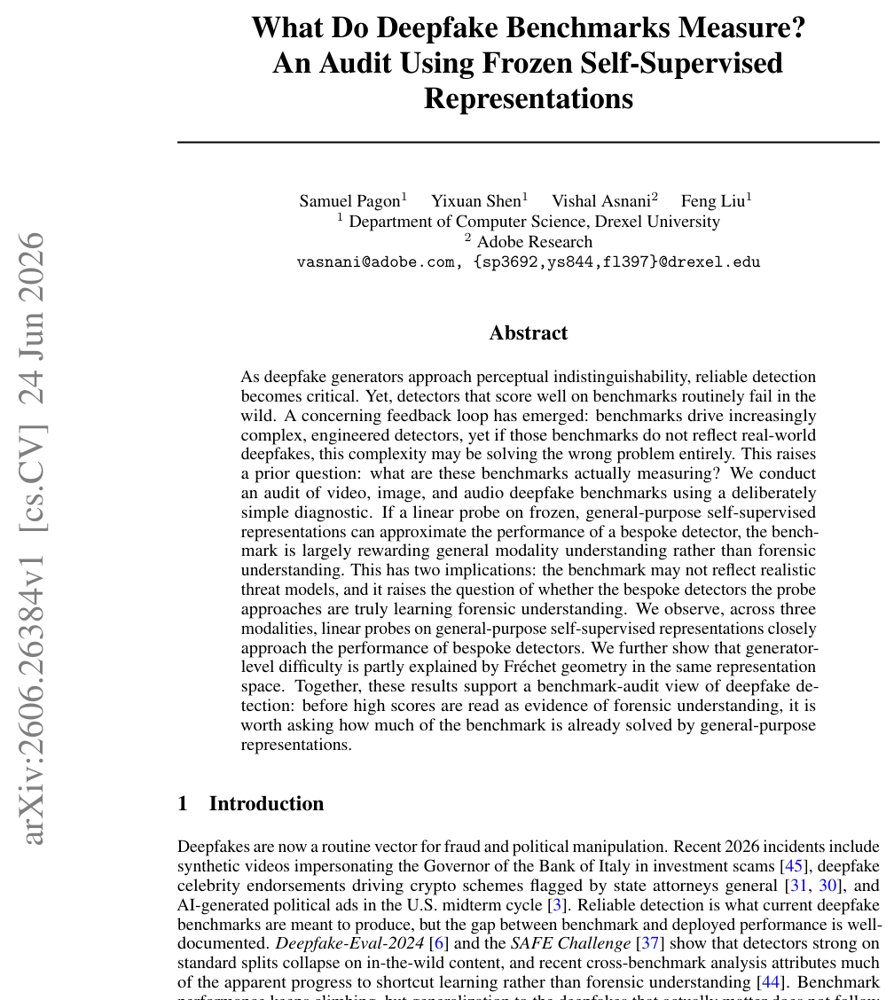 What Do Deepfake Benchmarks Measure? An Audit Using Frozen Self-Supervised Representations Figure 1