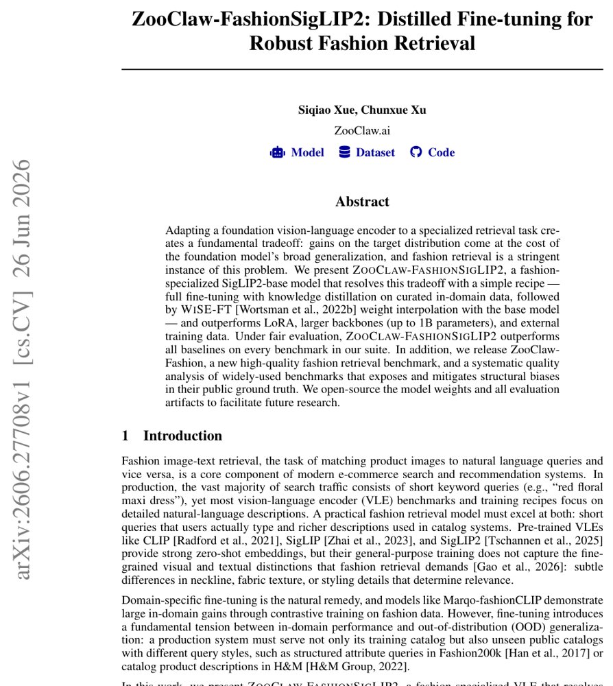 ZooClaw-FashionSigLIP2: Distilled Fine-tuning for Robust Fashion Retrieval Figure 1