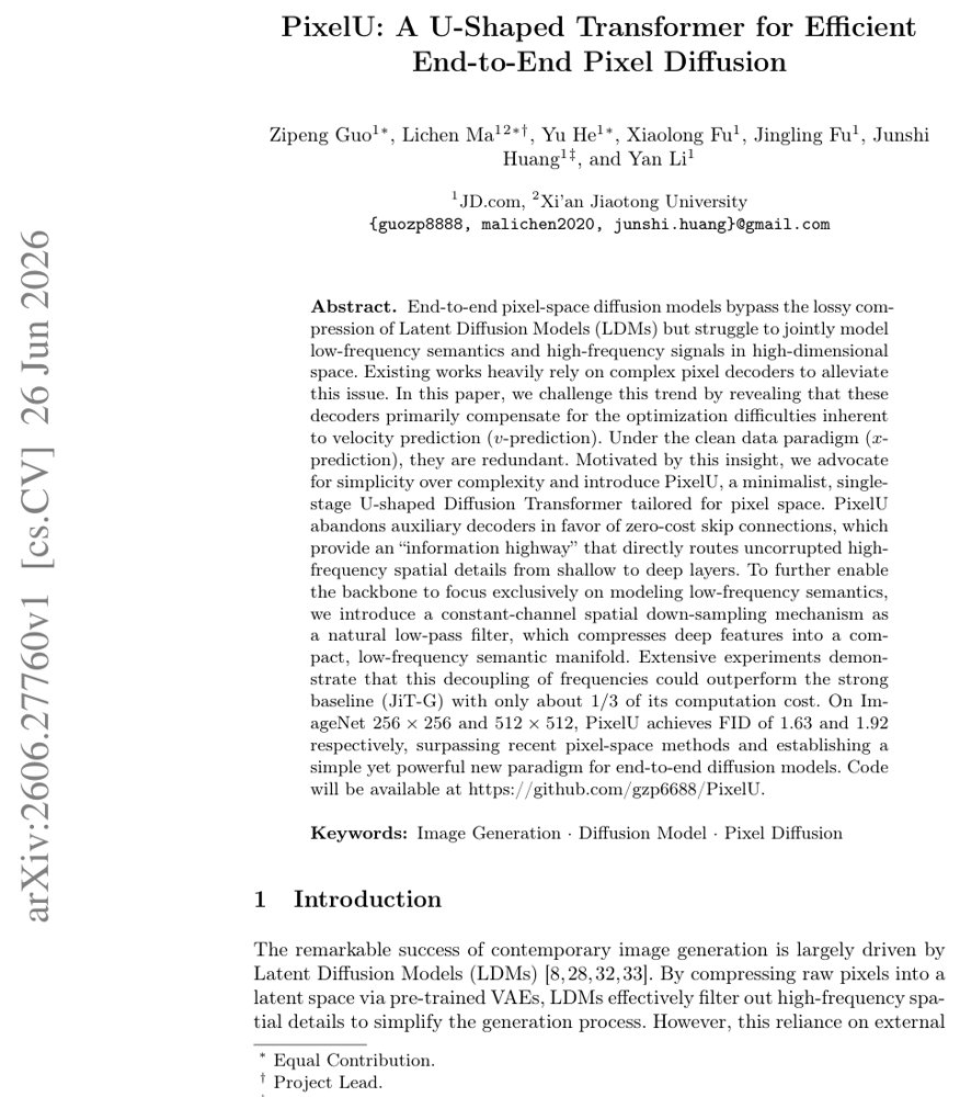 PixelU: A U-Shaped Transformer for Efficient End-to-End Pixel Diffusion Figure 1