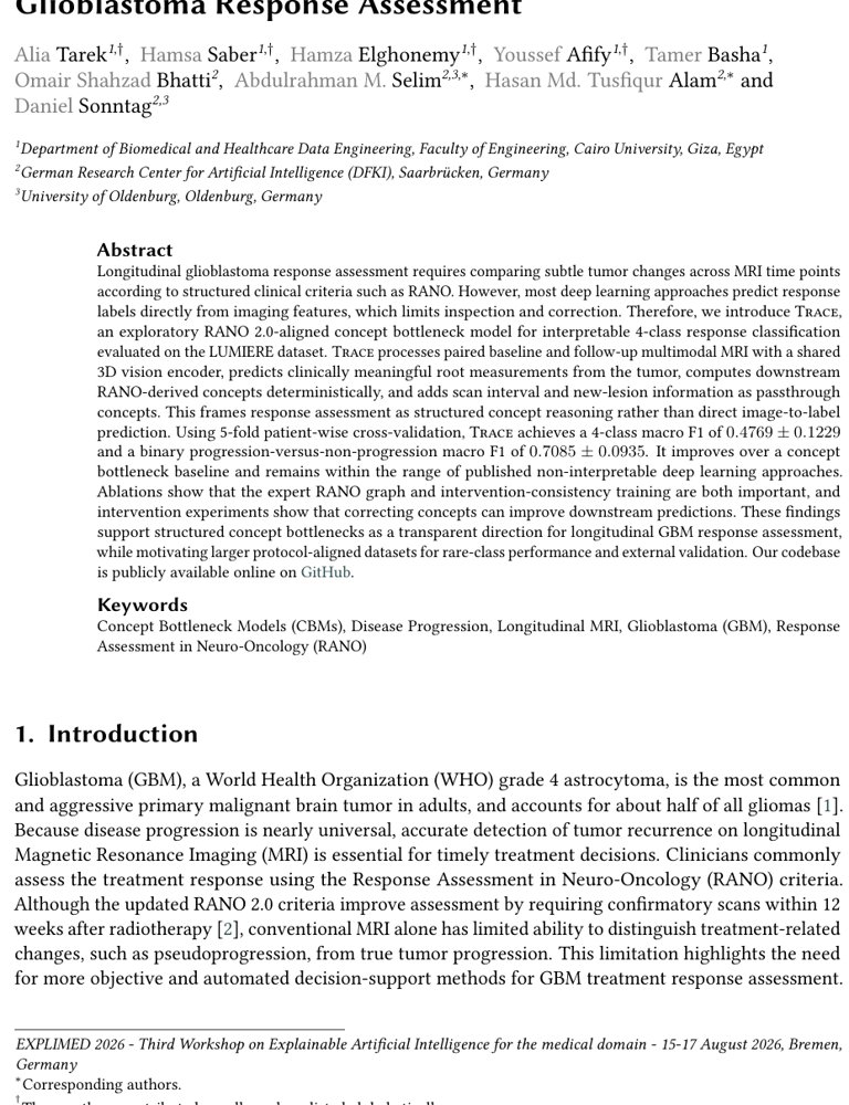 TRACE: A Concept Bottleneck Model for Longitudinal 3D Glioblastoma Response Assessment Figure 1