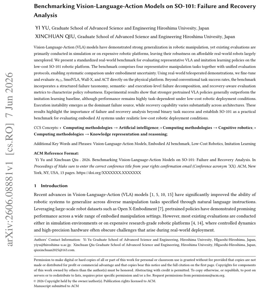 Benchmarking Vision-Language-Action Models on SO-101: Failure and Recovery Analysis Figure 1
