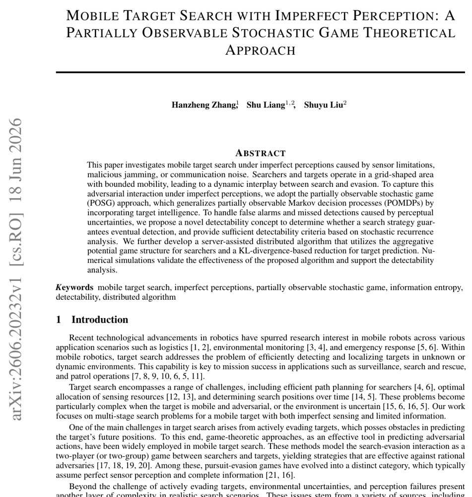 Mobile Target Search with Imperfect Perception: A Partially Observable Stochastic Game Theoretical Approach Figure 1