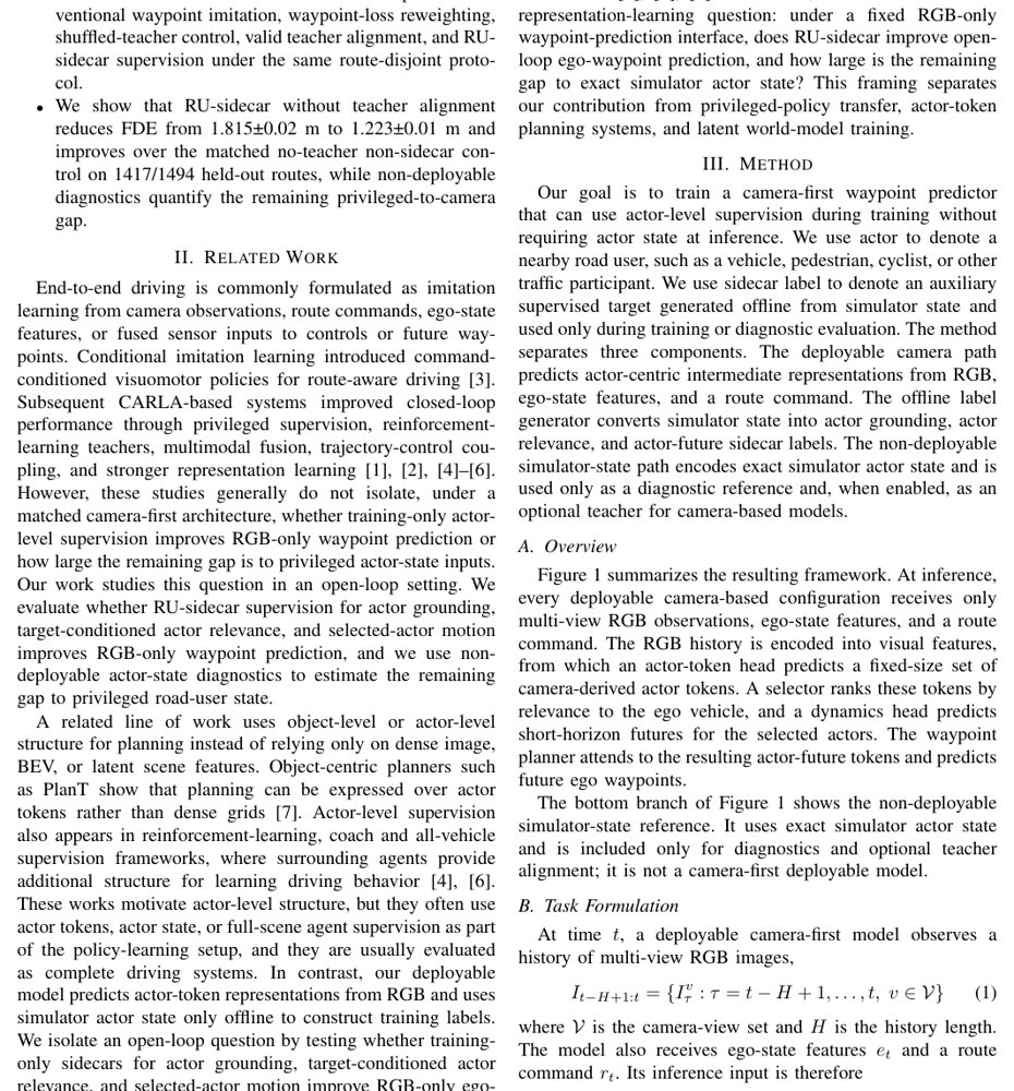 Mind the Privileged-to-Camera Gap: Actor-Centric Sidecar Supervision for Camera-First Open-Loop Waypoint Prediction Figure 1