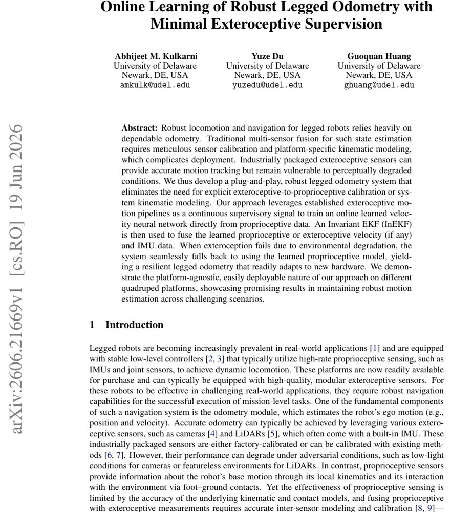Online Learning of Robust Legged Odometry with Minimal Exteroceptive Supervision Figure 1