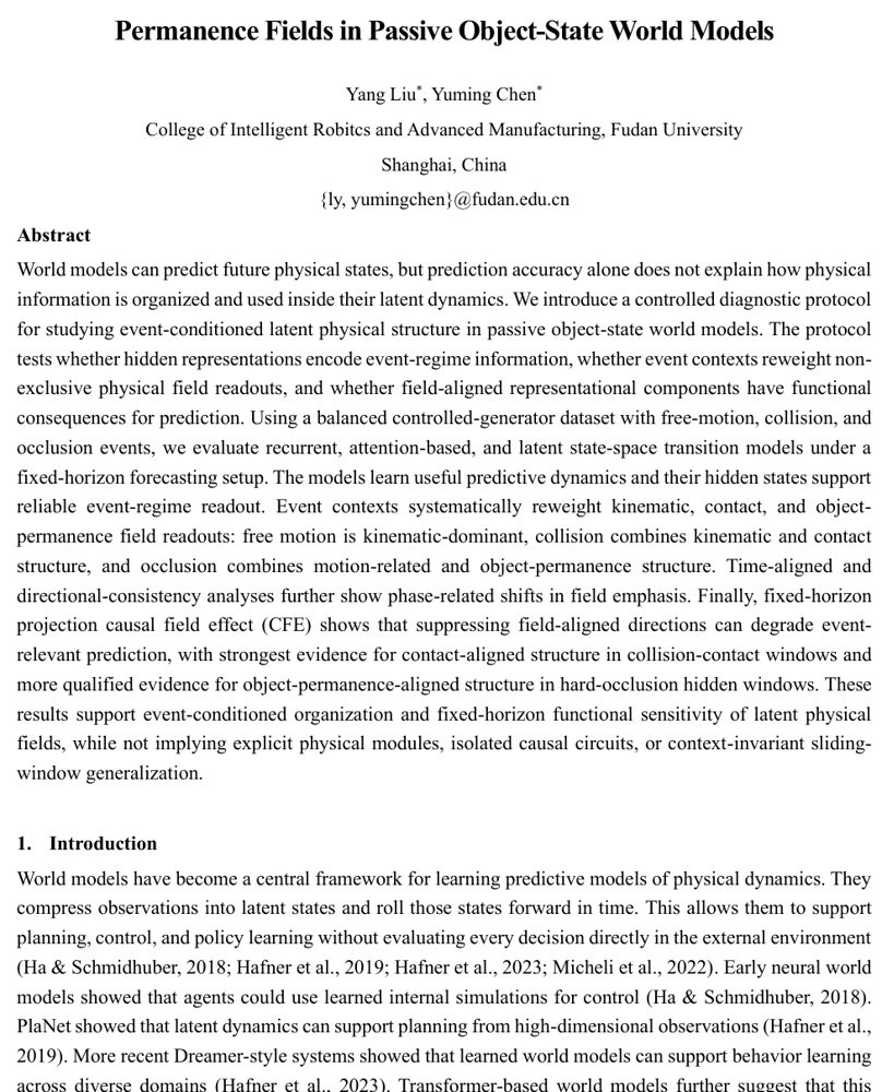 Event-Conditioned Diagnostics of Kinematic, Contact, and Object-Permanence Fields in Passive Object-State World Models Figure 1