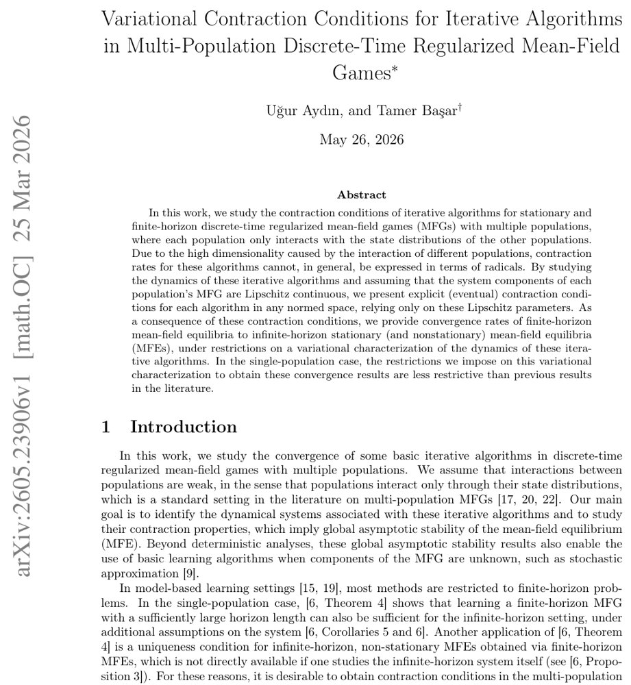 Variational Contraction Conditions for Iterative Algorithms in Multi-Population Discrete-Time Regularized Mean-Field Games Figure 1