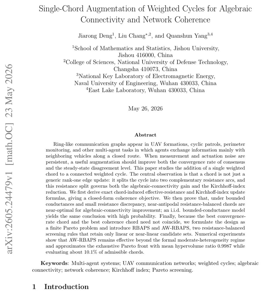 Single-Chord Augmentation of Weighted Cycles for Algebraic Connectivity and Network Coherence Figure 1
