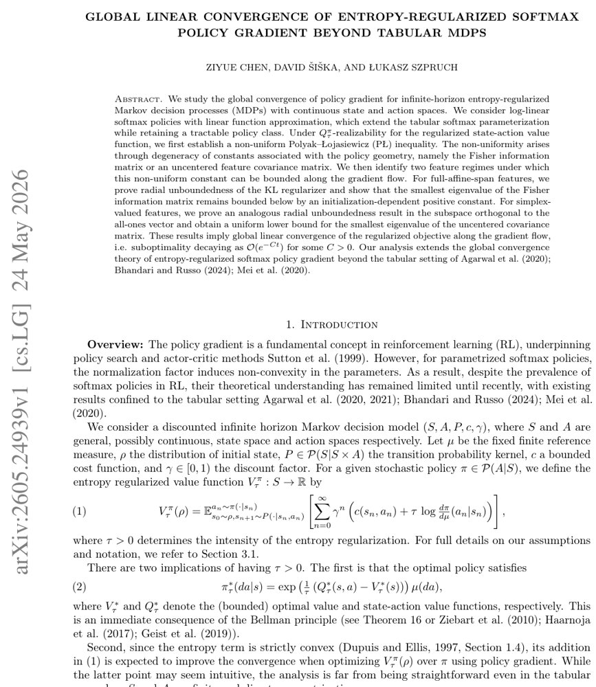 Global linear convergence of entropy-regularized softmax policy gradient beyond tabular MDPs Figure 1