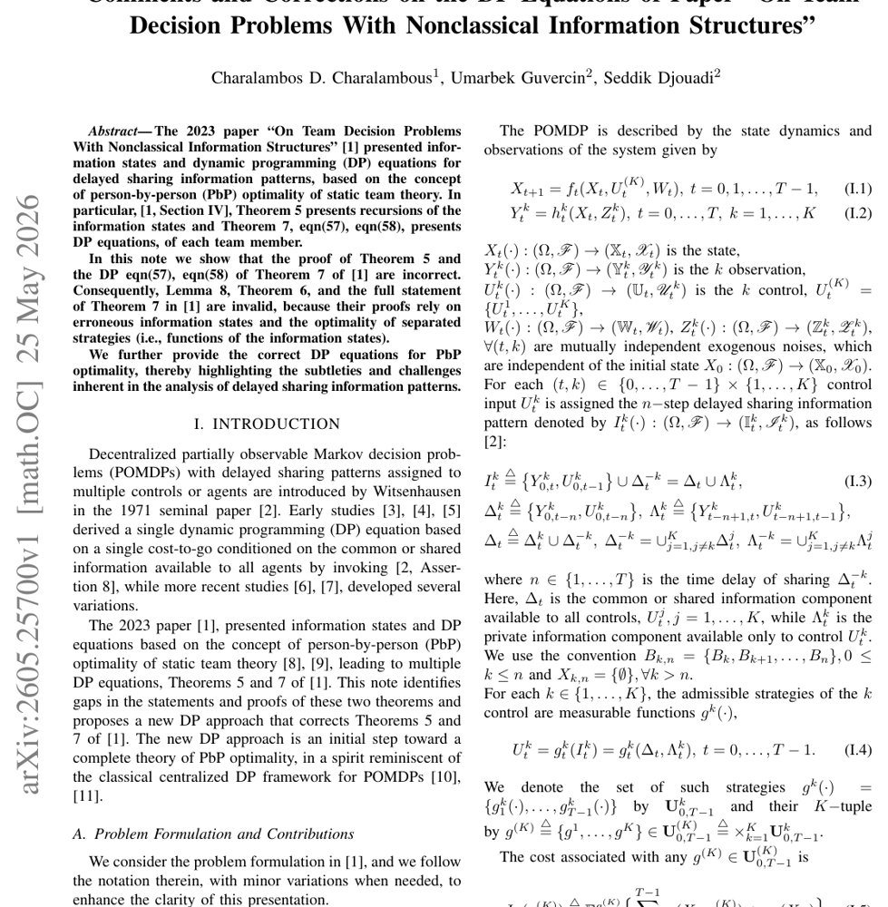 Comments and Corrections on the DP Equations of Paper "On Team Decision Problems With Nonclassical Information Structures" Figure 1