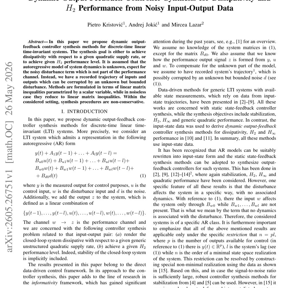 Dynamic Output-Feedback Controller Synthesis for Dissipativity and $H_2$ Performance from Noisy Input-Output Data Figure 1
