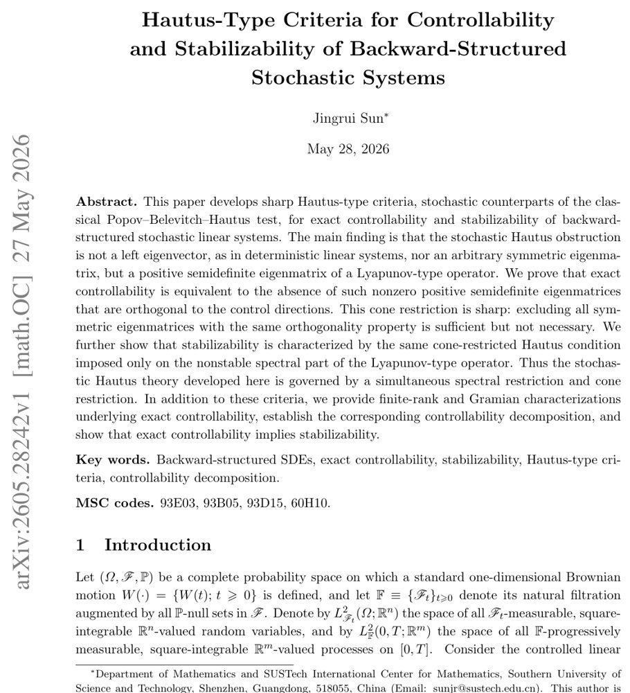 Hautus-Type Criteria for Controllability and Stabilizability of Backward-Structured Stochastic Systems Figure 1