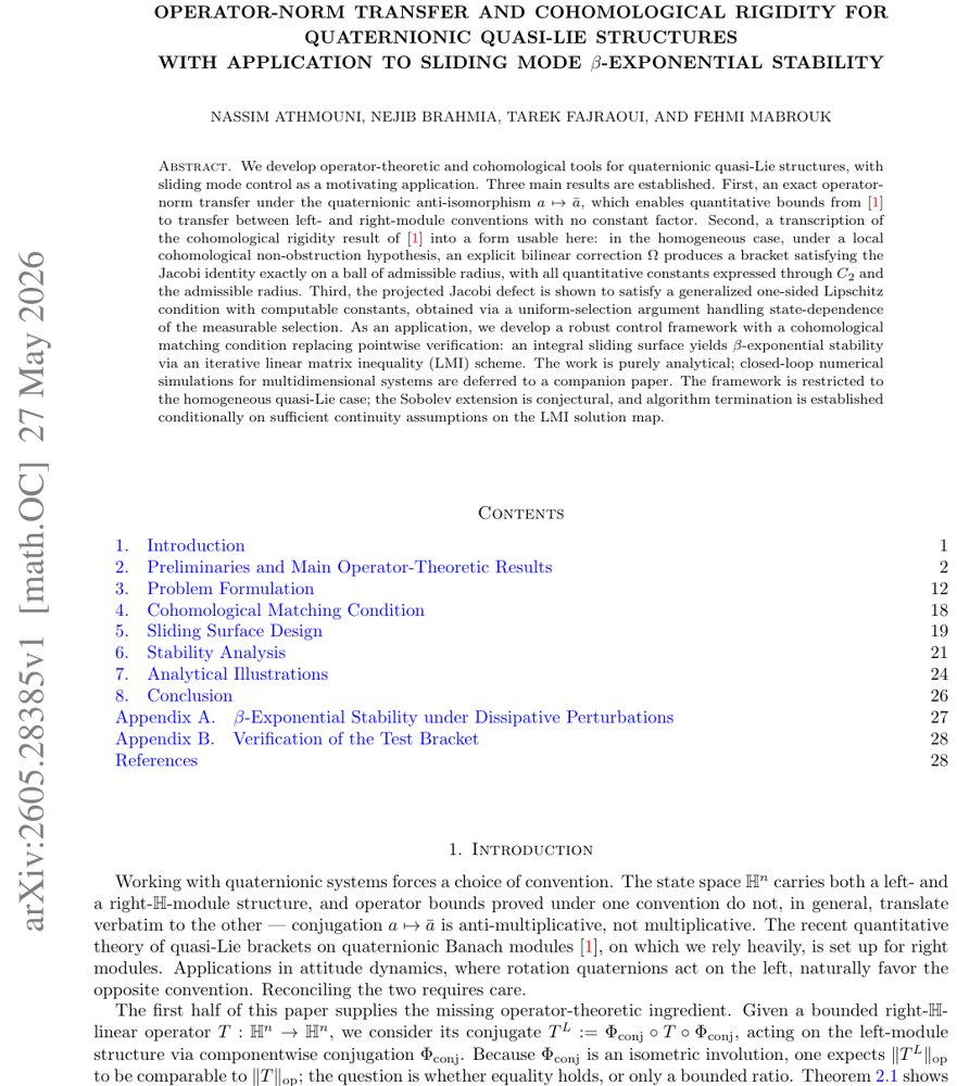 Operator-Norm Transfer and Cohomological Rigidity for Quaternionic Quasi-Lie Structures with Application to Sliding Mode $β$-Exponential Stability Figure 1