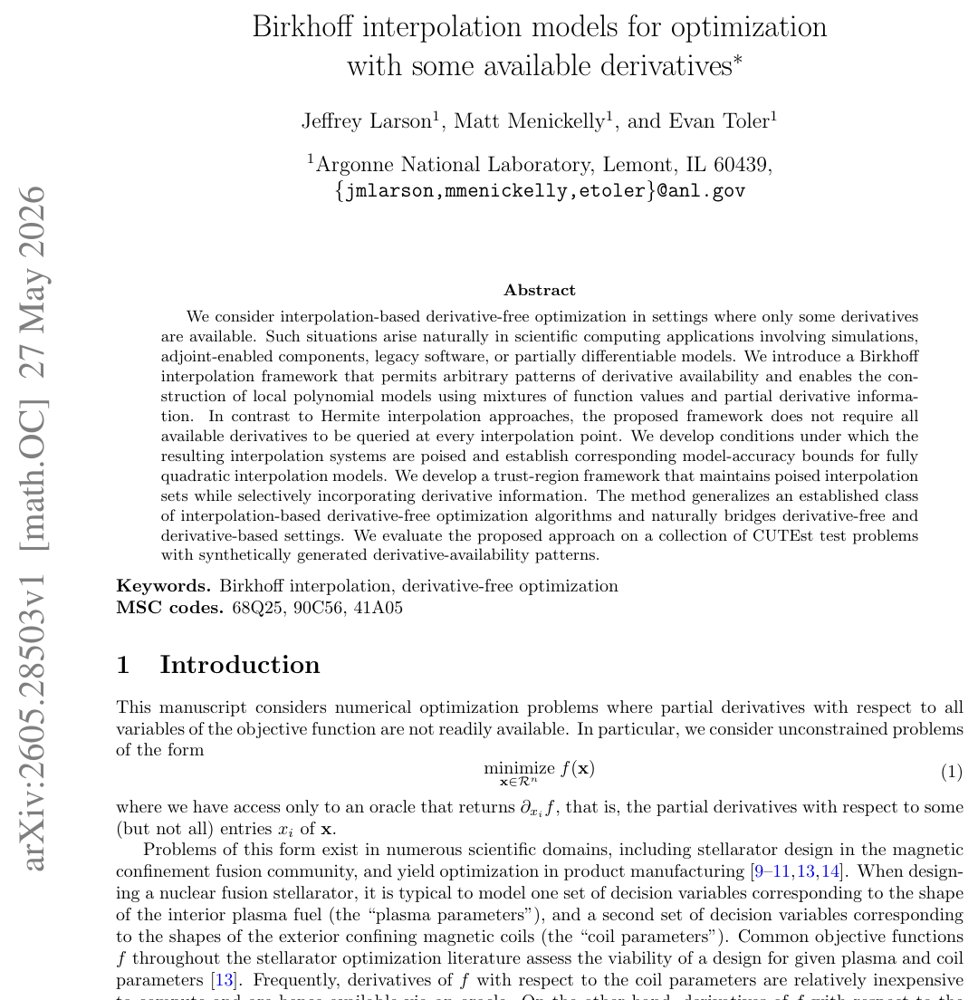 Birkhoff interpolation models for optimization with some available derivatives Figure 1