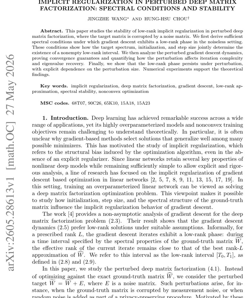 Implicit Regularization in Perturbed Deep Matrix Factorization: Spectral Conditions and Stability Figure 1