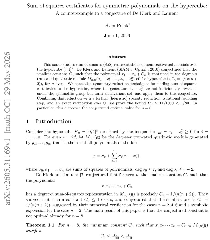 Sum-of-squares certificates for symmetric polynomials on the hypercube: a counterexample to a conjecture of De Klerk and Laurent Figure 1