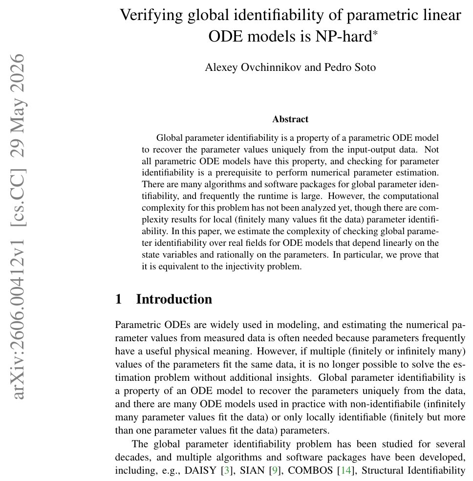 Verifying global identifiability of parametric linear ODE models is NP-hard Figure 1