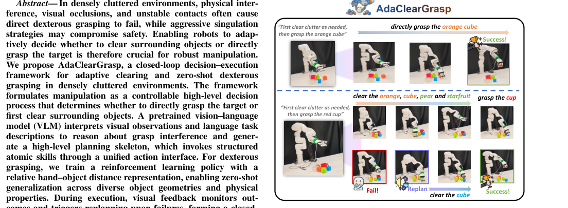 AdaClearGrasp: Learning Adaptive Clearing for Zero-Shot Robust Dexterous Grasping in Densely Cluttered Environments figure