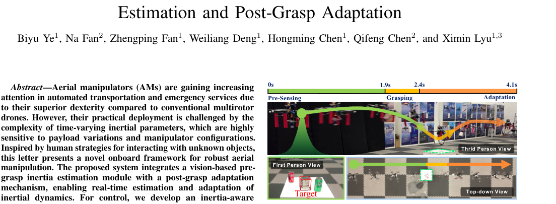 FlyAware: Inertia-Aware Aerial Manipulation via Vision-Based Estimation and Post-Grasp Adaptation figure