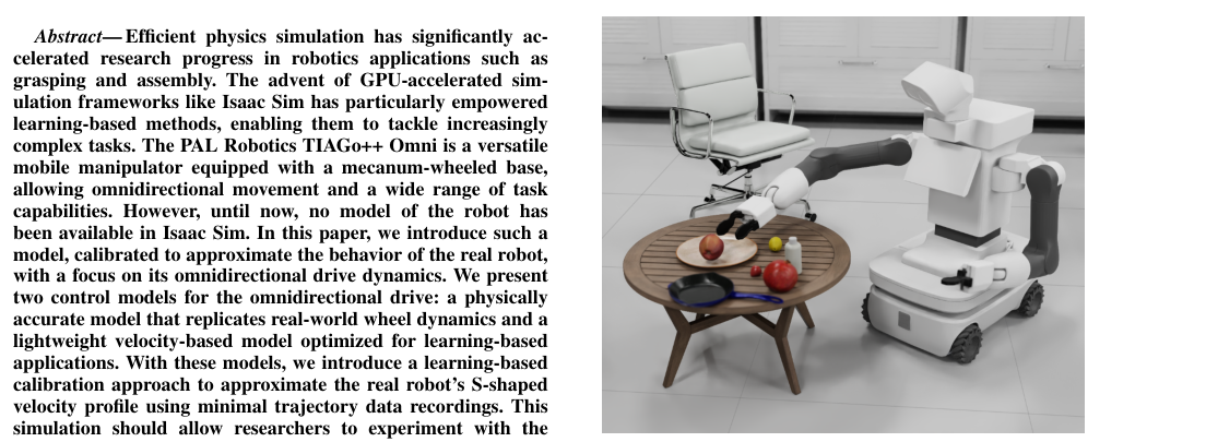 Integration of the TIAGo Robot into Isaac Sim with Mecanum Drive Modeling and Learned S-Curve Velocity Profiles figure