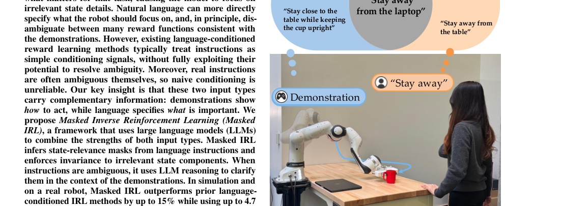 Masked IRL: LLM-Guided Reward Disambiguation from Demonstrations and Language figure
